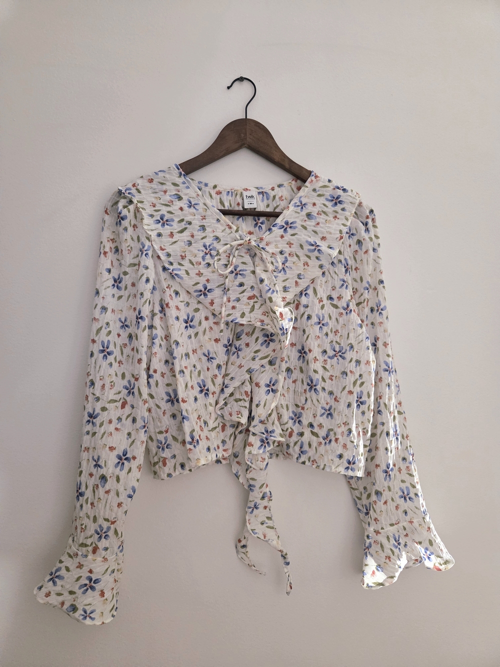 twik Floral Ruffle Blouse with Flared Sleeves